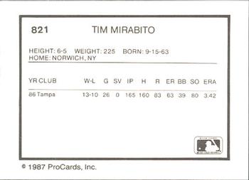 1987 ProCards #821 Tim Mirabito Back