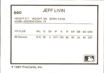 1987 ProCards #860 Jeff Livin Back