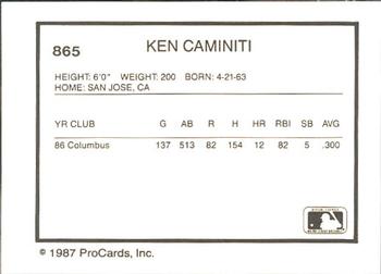 1987 ProCards #865 Ken Caminiti Back