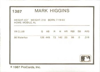1987 ProCards #1387 Mark Higgins Back