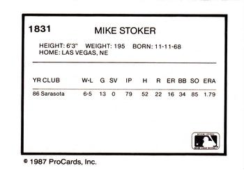 1987 ProCards #1831 Mike Stoker Back