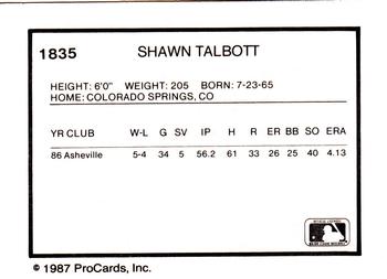1987 ProCards #1835 Shawn Talbott Back