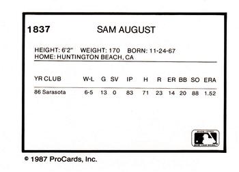 1987 ProCards #1837 Sam August Back