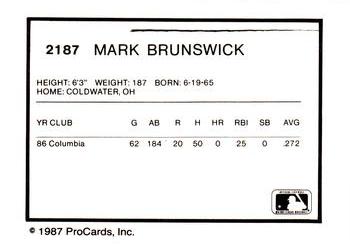 1987 ProCards #2187 Mark Brunswick Back