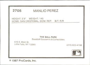 1987 ProCards #2705 Manlio Perez Back
