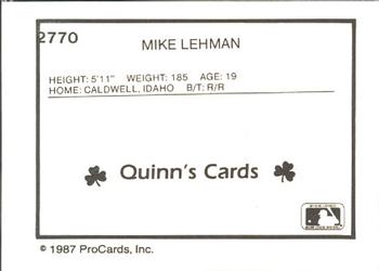 1987 ProCards #2770 Mike Lehman Back