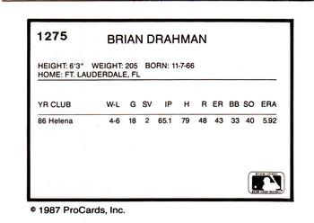 1987 ProCards #1275 Brian Drahman Back