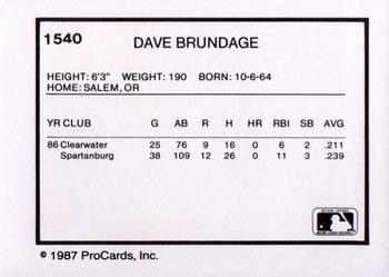 1987 ProCards #1540 Dave Brundage Back