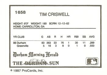 1987 ProCards #1658 Tim Criswell Back