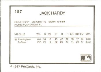 1987 ProCards #187 Jack Hardy Back