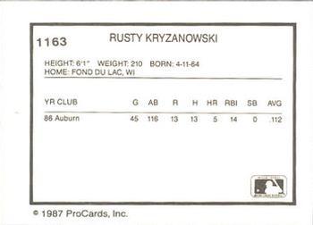 1987 ProCards #1163 Rusty Kryzanowski Back