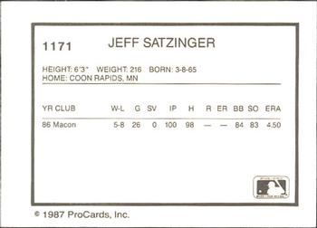 1987 ProCards #1171 Jeff Satzinger Back
