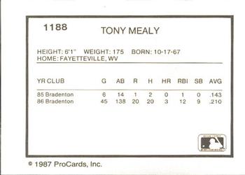 1987 ProCards #1188 Tony Mealy Back