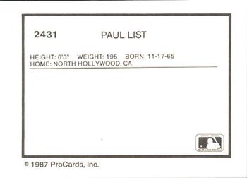 1987 ProCards #2431 Paul List Back