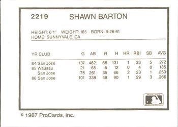 1987 ProCards #2219 Shawn Barton Back