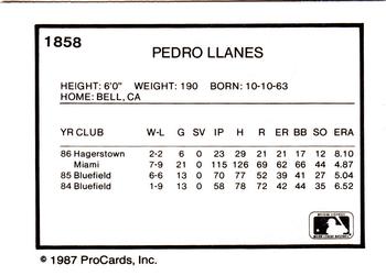 1987 ProCards #1858 Pedro Llanes Back