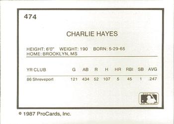 1987 ProCards #474 Charlie Hayes Back