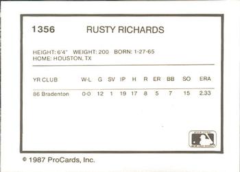 1987 ProCards #1356 Rusty Richards Back