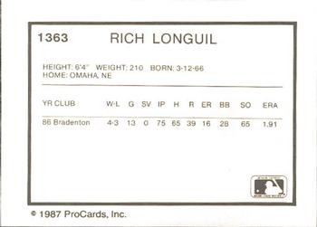 1987 ProCards #1363 Rich Longuil Back