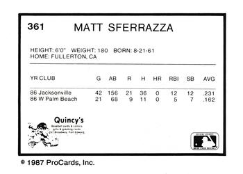 1987 ProCards #361 Matt Sferrazza Back
