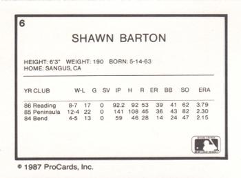 1987 ProCards #6 Shawn Barton Back
