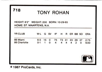 1987 ProCards #718 Tony Rohan Back