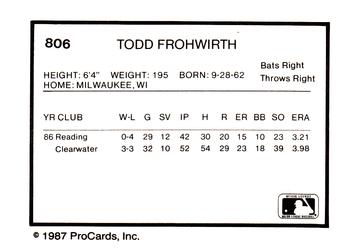 1987 ProCards #806 Todd Frohwirth Back