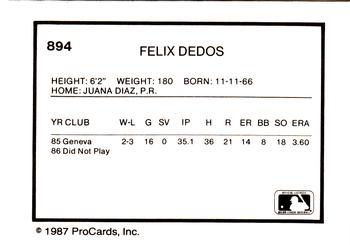 1987 ProCards #894 Felix Dedos Back