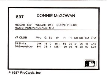 1987 ProCards #897 Donnie McGowan Back