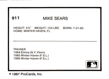 1987 ProCards #911 Mike Sears Back
