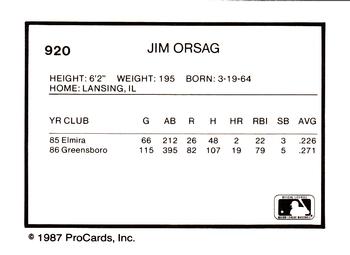 1987 ProCards #920 Jim Orsag Back