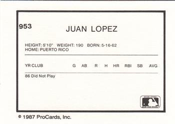 1987 ProCards #953 Juan Lopez Back