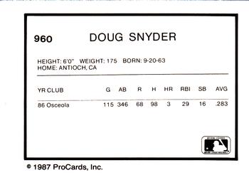 1987 ProCards #960 Doug Snyder Back