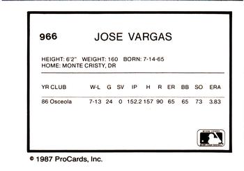 1987 ProCards #966 Jose Vargas Back