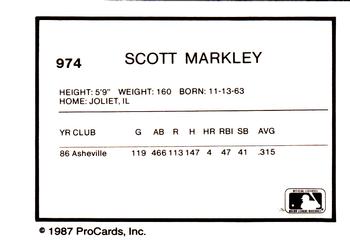 1987 ProCards #974 Scott Markley Back