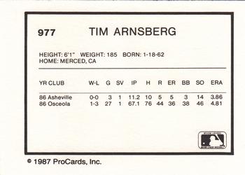 1987 ProCards #977 Tim Arnsberg Back