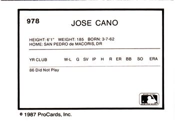 1987 ProCards #978 Jose Cano Back