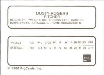 1986 ProCards Tampa Tarpons #NNO Dusty Rogers Back