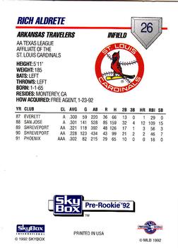 1992 SkyBox Team Sets AA #26 Rich Aldrete Back