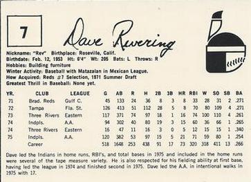 1976 Indianapolis Indians #7 Dave Revering Back