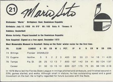 1977 Indianapolis Indians #21 Mario Soto Back