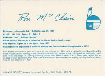 1979 Indianapolis Indians #30 Ron McClain Back
