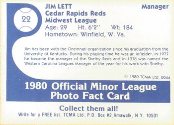 1980 TCMA Cedar Rapids Reds #22 Jim Lett Back