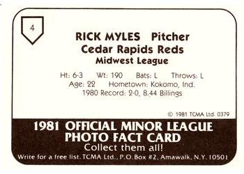 1981 TCMA Cedar Rapids Reds #4 Rick Myles Back