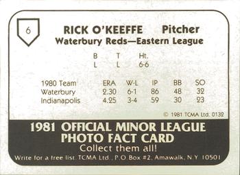 1981 TCMA Waterbury Reds #6 Rick O'Keeffe Back