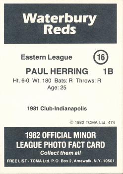 1982 TCMA Waterbury Reds #16 Paul Herring Back