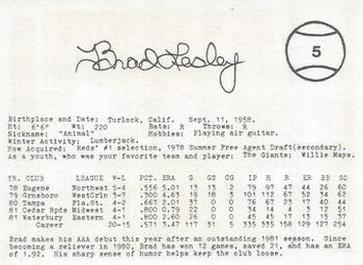 1982 Indianapolis Indians #5 Brad Lesley Back
