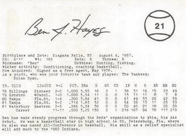 1982 Indianapolis Indians #21 Ben Hayes Back
