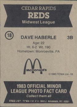 1983 TCMA Cedar Rapids Reds #18 Dave Haberle Back