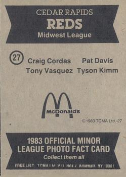 1983 TCMA Cedar Rapids Reds #27 Batboys (Craig Cordas / Pat Davis / Tony Vasquez / Tyson Kimm) Back
